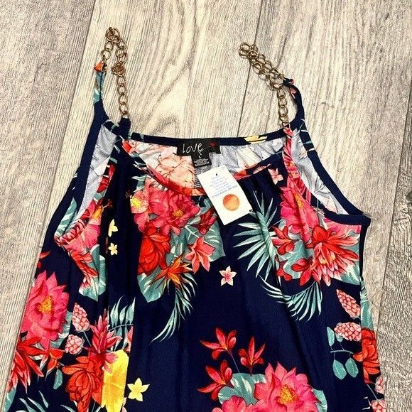 NWT Love Large Floral Navy Dress Gold Chain Straps - Picture 3 of 5